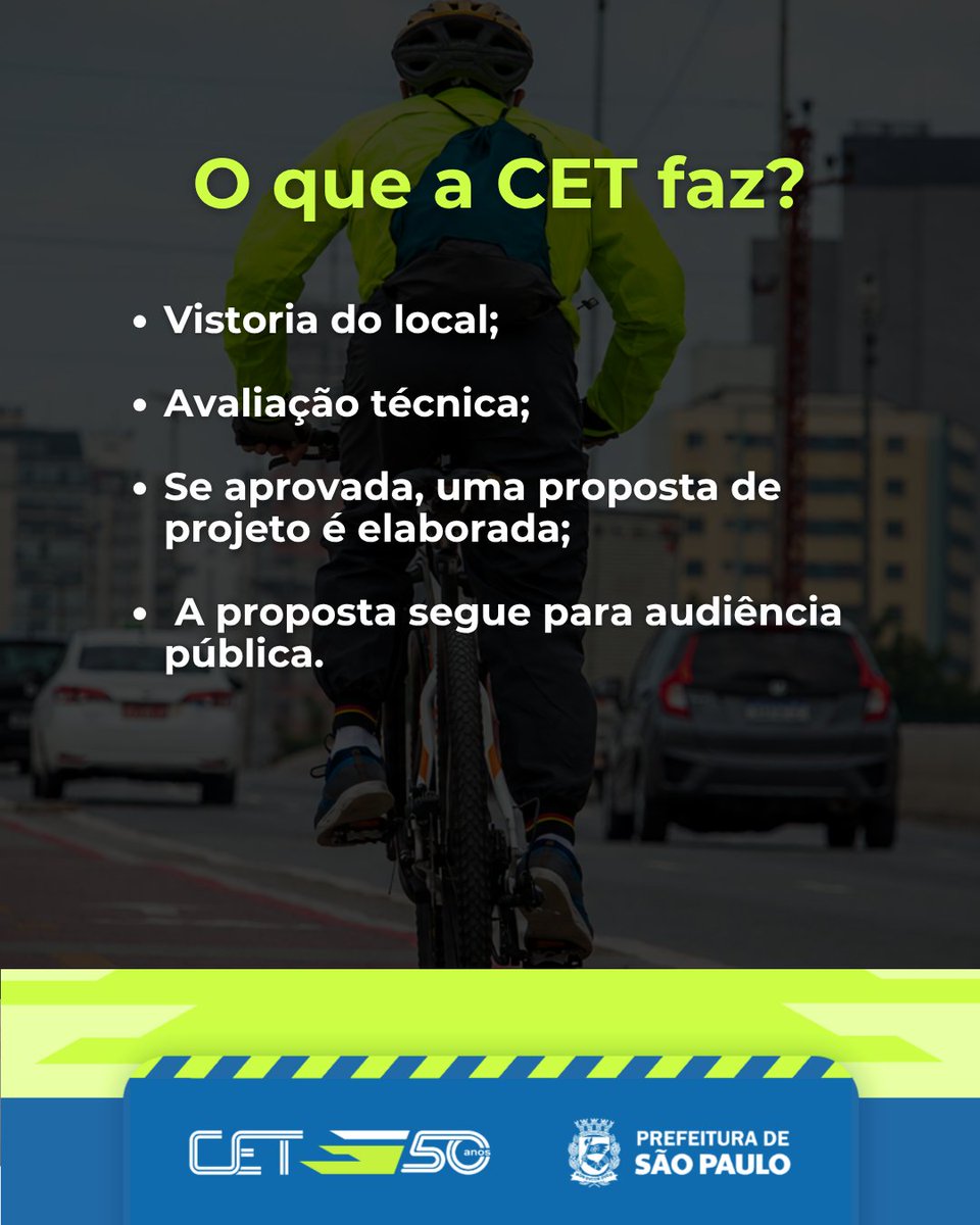 Descrição da imagem #PraTodosVerem: No fundo, uma foto diurna de um ciclista pedalando em uma ciclofaixa. Carros aparecem ao fundo. Nas cores verde e branco, os seguintes textos: “O que a CET faz?
-Vistoria do local;
-Avaliação técnica;
-Se aprovada, uma proposta de projeto é elaborada;
- A proposta segue para audiência pública.”