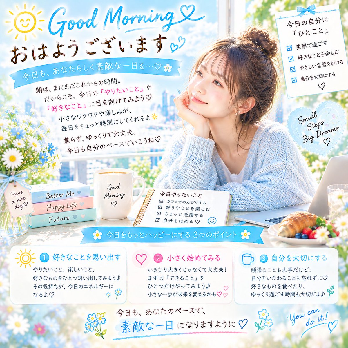 dbs_future's tweet photo. おはようございます☀️🩵

今日は「好きなこと」を
ひとつ思い出してみよう😊🌸

好きなものや、やってみたいこと。
小さなワクワクが今日の元気になるかも✨

頑張りすぎなくて大丈夫🌿
今日も自分らしく過ごしましょう♡

#おはよう #自分らしく #小さな幸せ #前向き #朝活 https://t.co/Yg8YbjxvzD