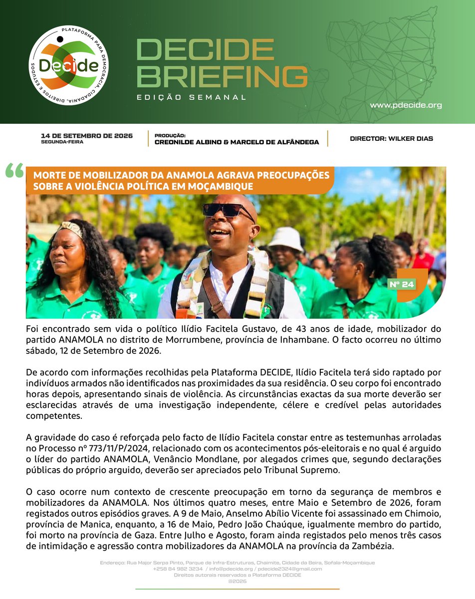 PDecide23's tweet photo. NEWSLETTER: MORTE DE MOBILIZADOR DA ANAMOLA AGRAVA PREOCUPAÇÕES
SOBRE A VIOLÊNCIA POLÍTICA EM MOÇAMBIQUE

https://t.co/UWeH8EzWZB

#DECIDE https://t.co/df83RZZ30v