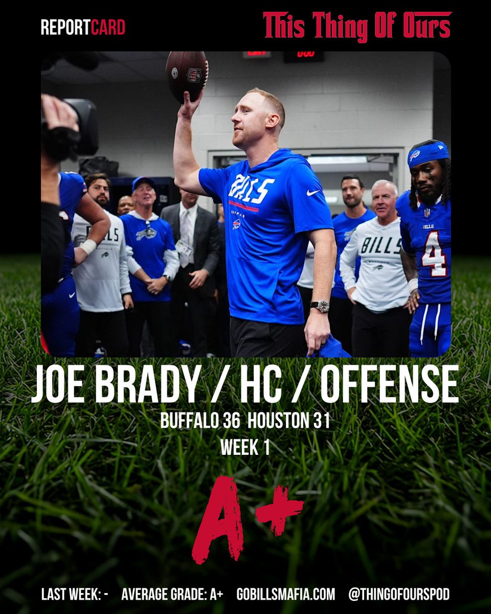 ThingOfOursPod's tweet photo. Bills Report Cards - Week 1: Weekly Grades for Joe Brady, Jim Leonhard, Jeff Rodgers and Josh Allen. Explained in the latest pod: https://t.co/vsW3qjHgPZ #GoBills #BillsMafia #ThisThingOfOurs https://t.co/8hwPGMTCQY