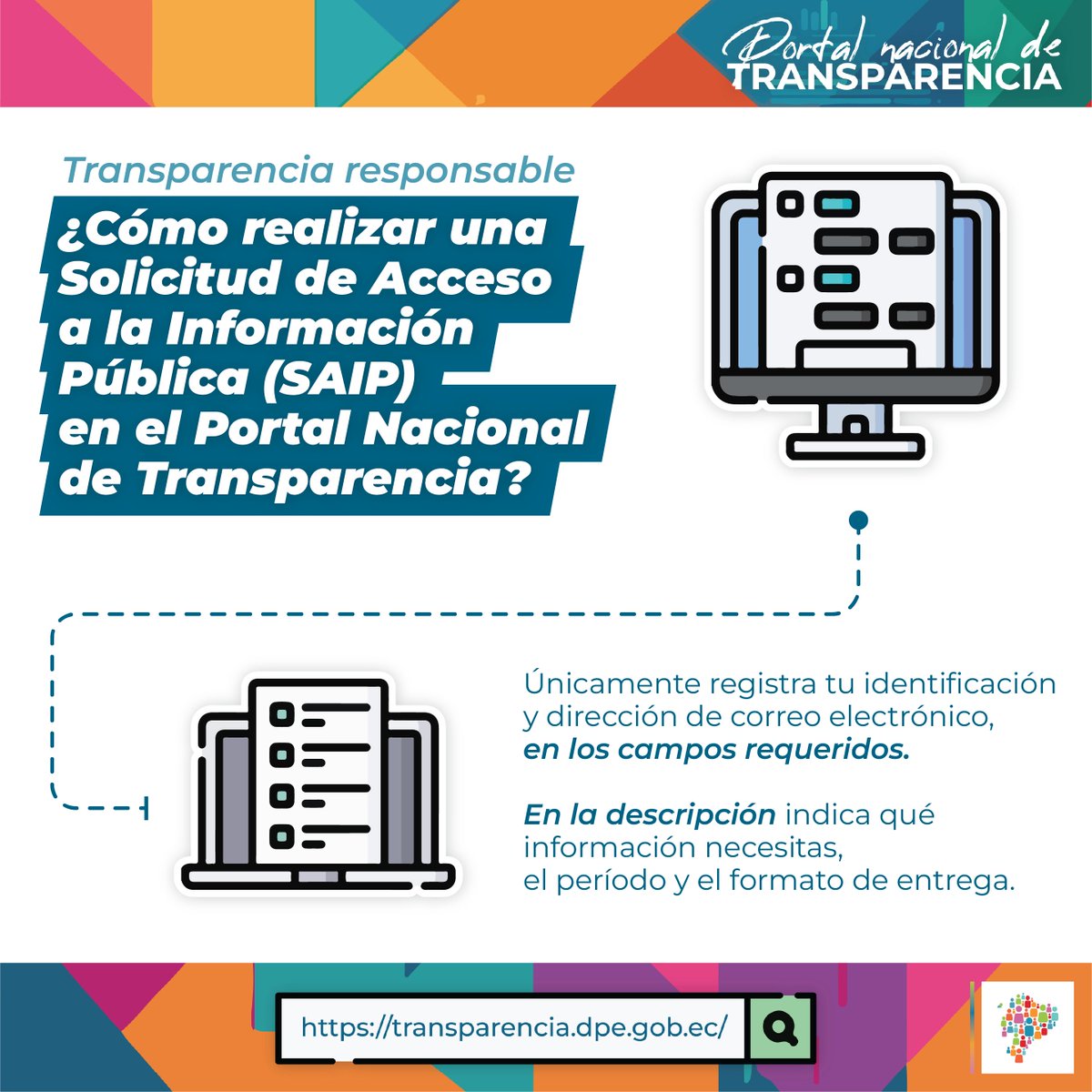 DEFENSORIAEC's tweet photo. 🔍 #TransparenciaDPE | En transparencia pasiva, al realizar una Solicitud de Acceso a la Información Pública (#SAIP) en el #PortalNacionalDeTransparencia recuerda no colocar datos personales en el campo “Solicitud de información”. https://t.co/FT2yZQondw