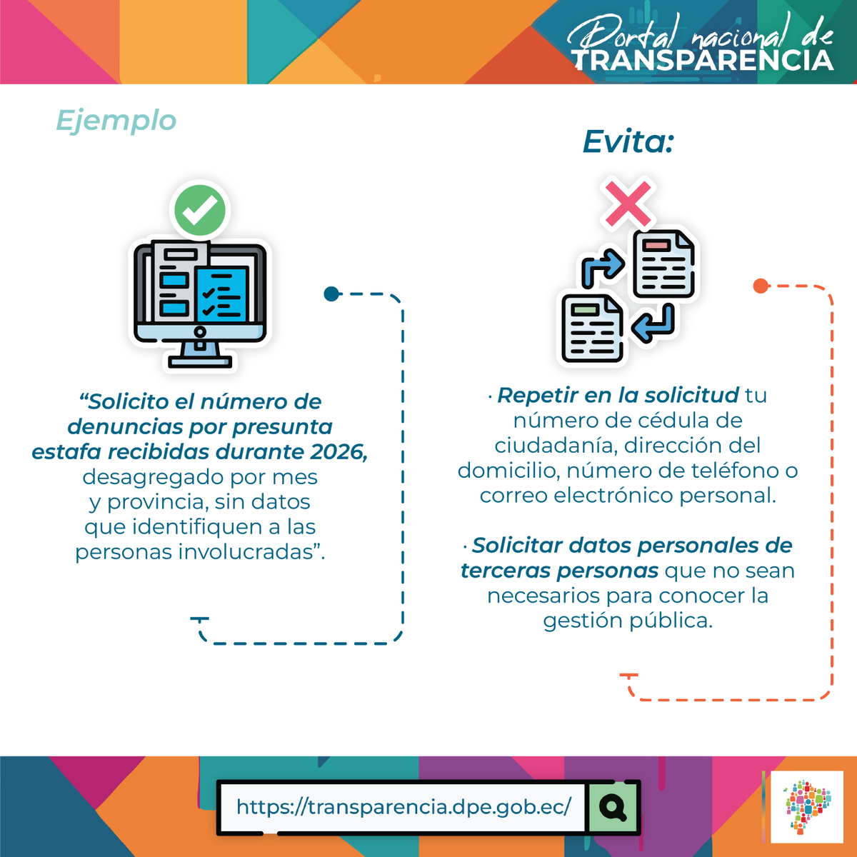 DEFENSORIAEC's tweet photo. 🔍 #TransparenciaDPE | En transparencia pasiva, al realizar una Solicitud de Acceso a la Información Pública (#SAIP) en el #PortalNacionalDeTransparencia recuerda no colocar datos personales en el campo “Solicitud de información”. https://t.co/FT2yZQondw