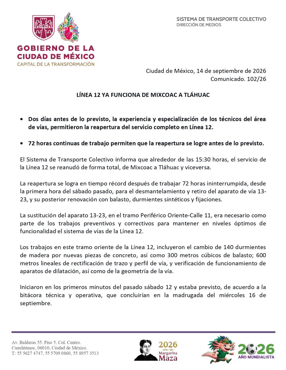 MetroCDMX's tweet photo. El Metro informa: Se restablece el servicio en su totalidad en la Línea 12, de Mixcoac a Tláhuac https://t.co/poLQEgVxTK