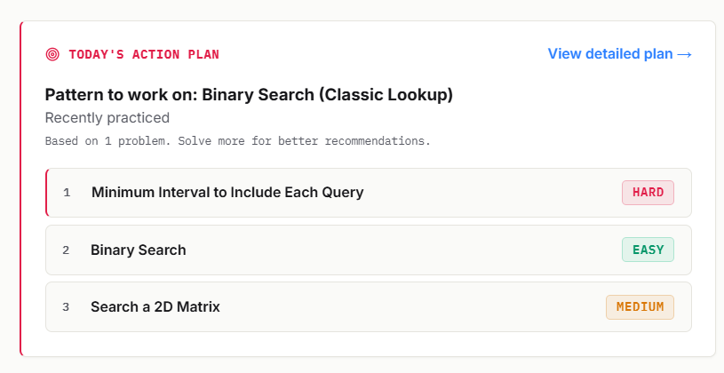 grindlensdev's tweet photo. just solved one binary search problem.

GrindLens already flagged it as a pattern to work on and lined up 3 more, easy, medium, hard.

not "here's 50 problems," just the next 3. https://t.co/QYfzpOJ9iH