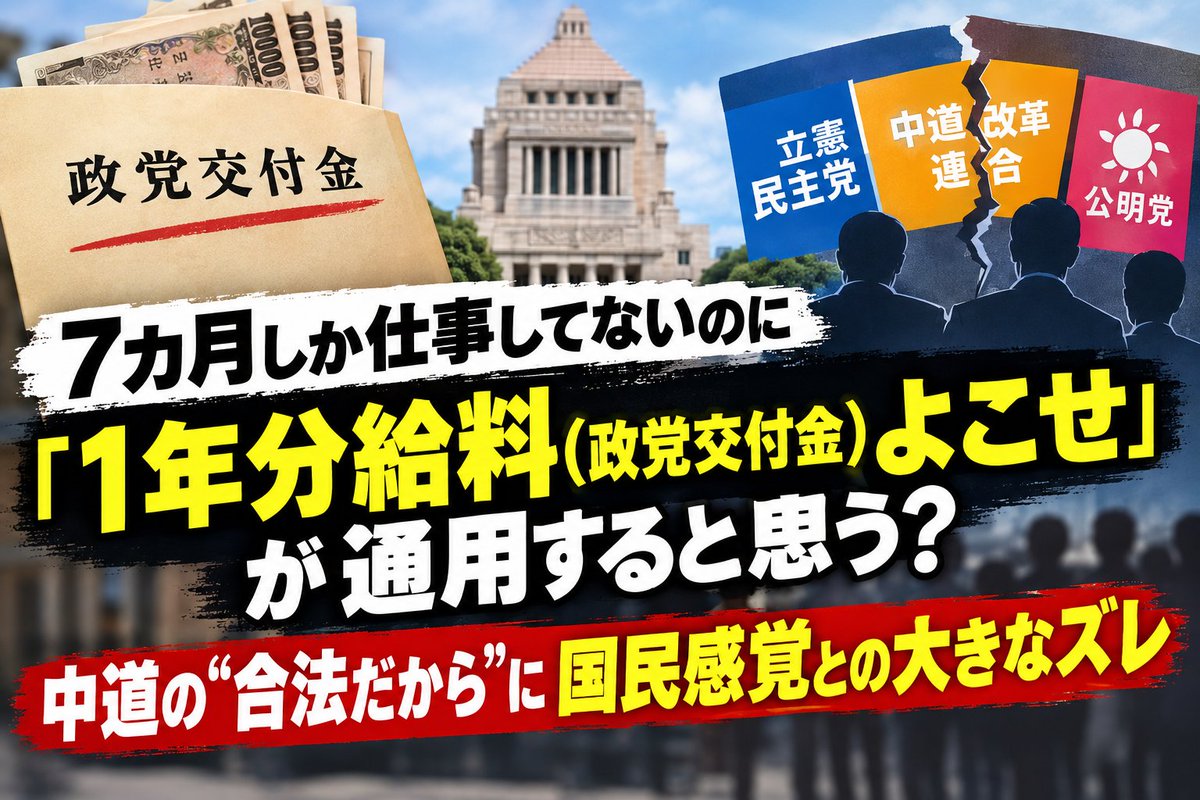 seijichishin's tweet photo. ７カ月しか仕事してないのに「１年分の給料よこせ」って、一般社会で通用すると思いますか？

中道改革連合の政党交付金問題。

「合法だから」「受け取れるものだから」で済ませようとする姿勢に、国民感覚との大きなズレを感じます。

政党交付金は国民の税金が原資です。

問われているのは違法かどうかだけではなく、実質的に崩れた政党が、形式上の存続によって年間分の公金を受け取ることが本当に妥当なのか。

他党の「政治とカネ」を厳しく追及してきた人たちには、自分たちが公金を受け取る場面でも、同じ基準で自らを律してもらいたい。

「合法だから」で終わらせず、国民が納得できる説明を！
#中道改革連合 #政党交付金