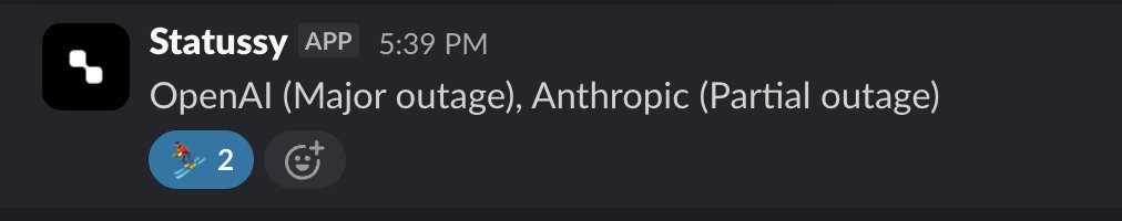 colinbreeding's tweet photo. Shipped webhooks on Statussy.

I wanted outage pings in Slack/Discord, not just email.

Drop any HTTPS webhook URL ->  get a POST when something in My Stack flips Major or Partial.

Works with Slack, Discord, or your own endpoint. Signed POSTs. Same mute rules as email. https://t.co/yciJn0FALd