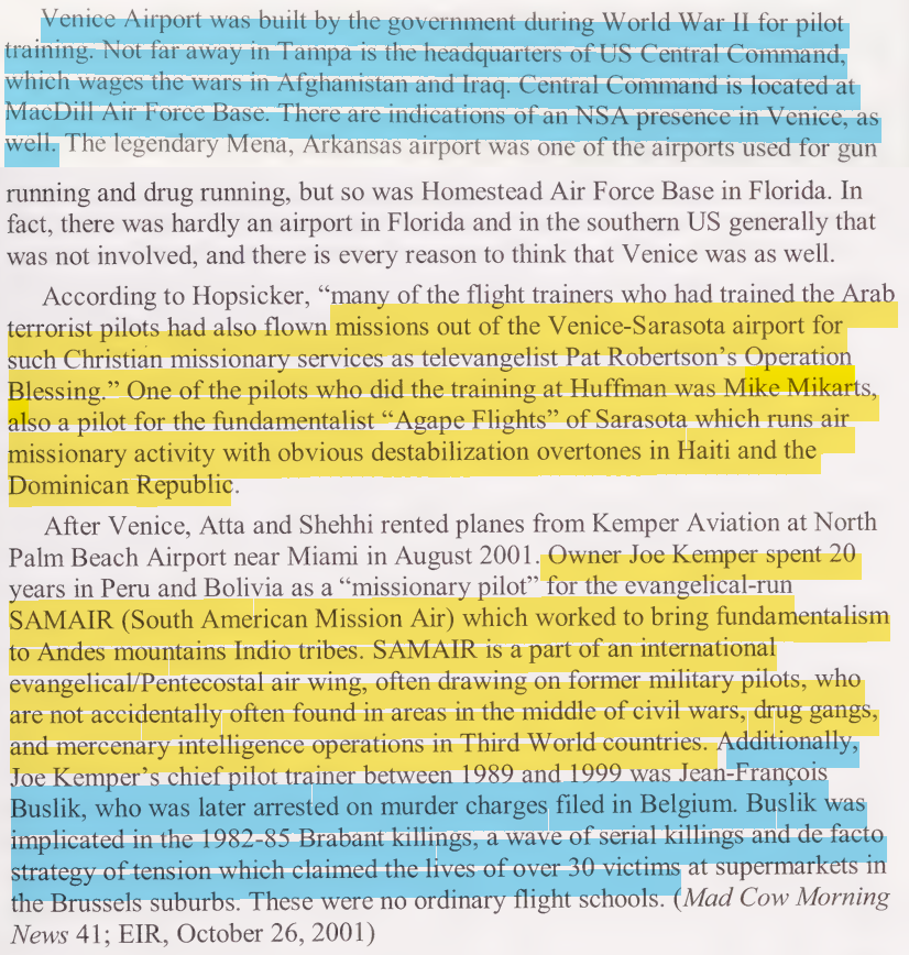 toxictiramisu's tweet photo. Operation Blessing, Pat Robertson's humanitarian front, used pilots who also trained the 9/11 hijackers out of Venice Airport. Wally Hilliard financed Huffman Aviation in Venice where Mohamed Atta trained, also loaned Jerry Falwell $1M &amp; served as director at lsꝛæI aircraft co. https://t.co/AvtJ7oCMNQ