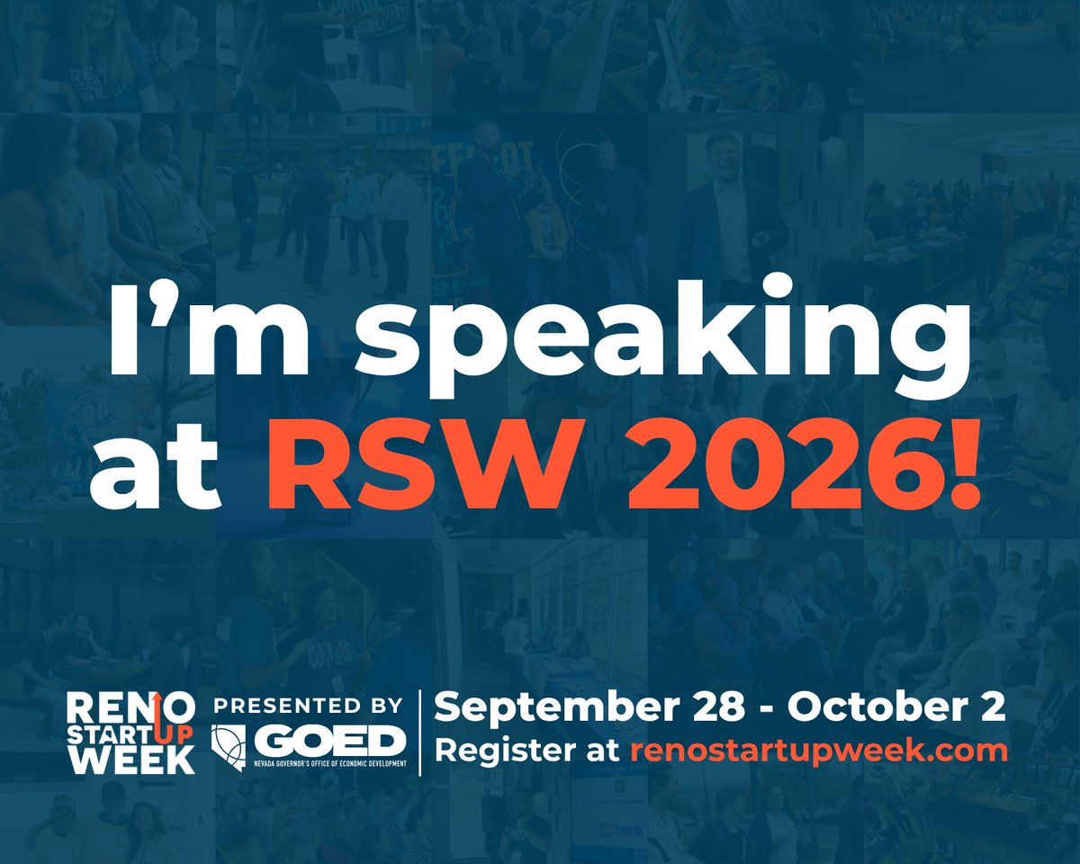 pollock's tweet photo. Speaking at @renostartupweek, Sept 28 to Oct 2. Free. 60+ sessions.

My talk: how to fundraise like a Silicon Valley founder, from 250+ deals at @500GlobalVC and @CoolClimateVC.

Also on the lineup: @jimbelosic  (@sendcutsend), Karsten Heise (@DiversifyNevada), @colindelea (Flume), @jeffrey_saling (@StartUp_Nevada). Plus @StartupWorldCup live pitches, sponsored by @gener8tor

Nevada is where the next wave of deep tech gets built. Come reindustrialize with us!

https://t.co/25gHxOKg7b
#RSW2026 #RenoStartupWeek