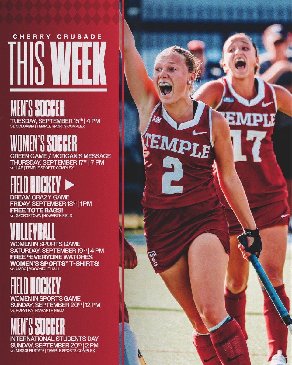 cherrycrusade's tweet photo. It’s a busy week in Temple Athletics🗓️

All Temple Athletics events are FREE for students, but ALL of our events this week are free for everyone! We’ve also got some cool giveaways going on! 

Bring your friends, rep your Cherry &amp; White, and come out to support!🦉🍒

#GoOwls🦉 https://t.co/wcfH9PCCUL