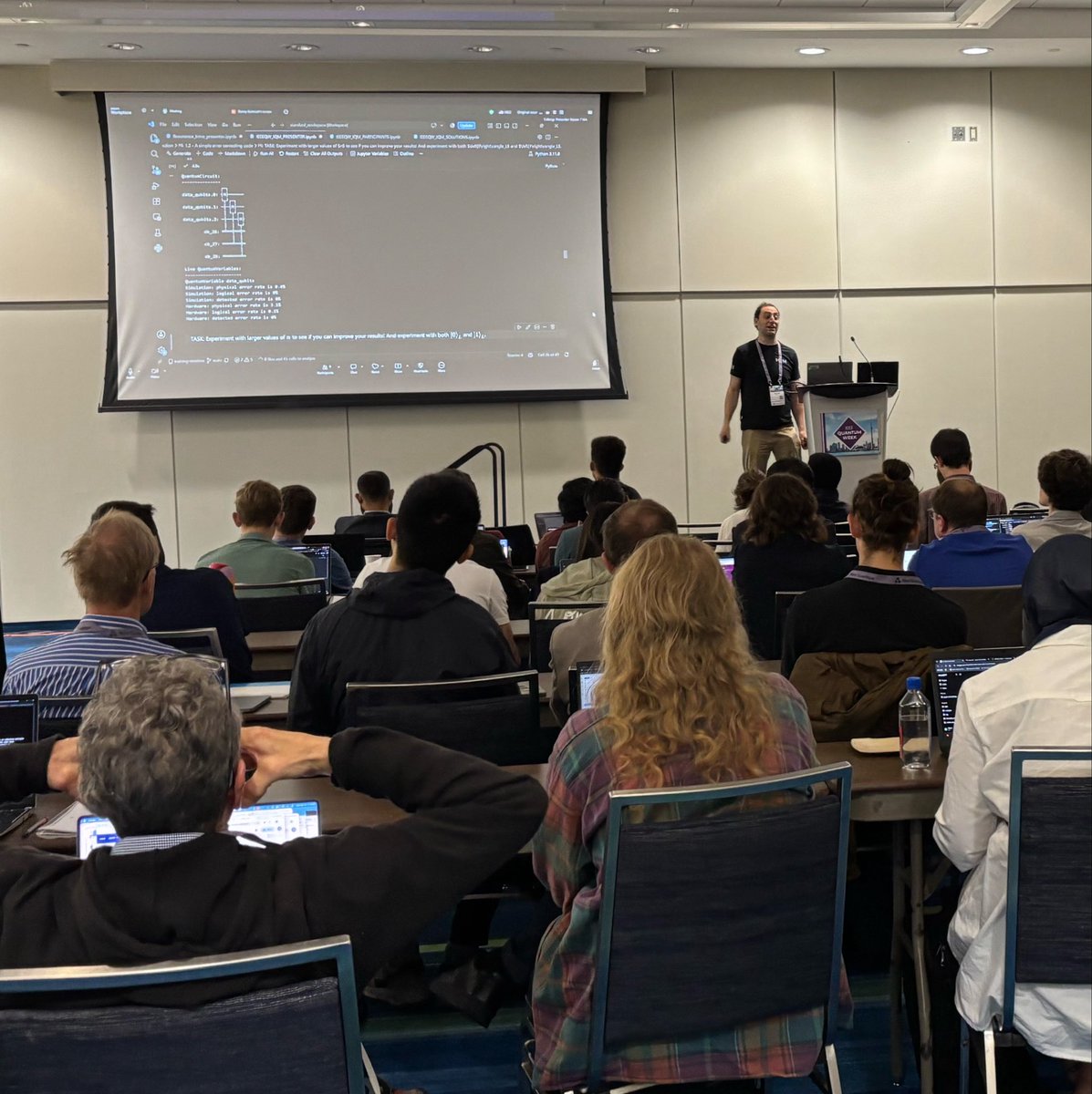 ron_bewtra's tweet photo. Packed room for quantum error correction training at #IEEEQuantumWeek today in Toronto, 🇨🇦 

Great to see the interest in hands-on QEC and the work my IQM colleagues Danny Bulmash and Jeremiah Coleman are doing to help turn theory into practice.

#QuantumComputing #QEC https://t.co/MIZSPH5olP