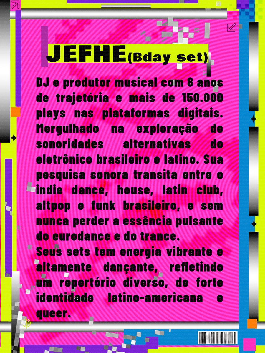 Entendida_cwb's tweet photo. ELE TÁ DE PARÁBENS!

Comemorando seu aniversário daquele jeitinho @Jefhe_lm vem fazer um set mais que especial pra essa data!

DJ e produtor musical com 8 anos de trajetória mergulhando na exploração de sonoridades alternativas do  pop e eletrônico brasileiro e latino. https://t.co/y6SNVPfXwy