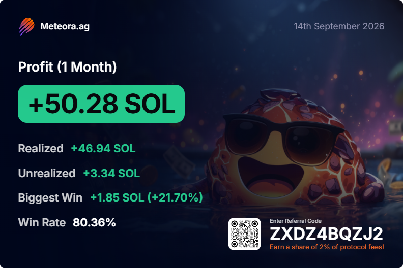 ewi_Gs's tweet photo. First 50+ SOL month with @MeteoraAG ever! 🔥
Use my ref code: ZXDZ4BQZJ2
Tool I use is Valhalla from @SOL_Decoder 
check it out! https://t.co/eqCXdWgg1W

Don't chase the fast profits, slow and steady is key! https://t.co/iUCpfY48hl