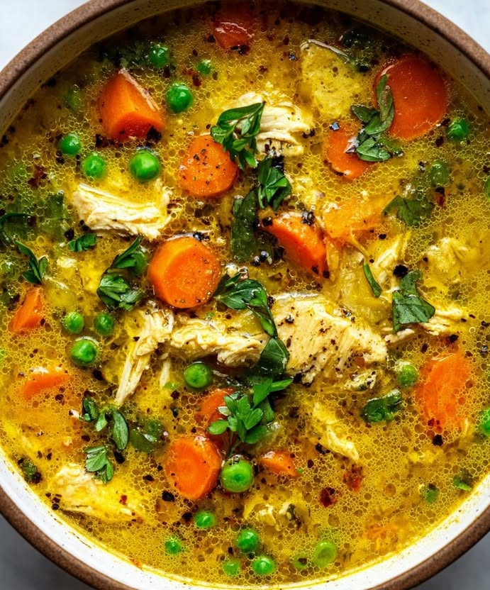 summer_food's tweet photo. Turmeric Chicken Anti-Inflammatory Soup

🛒 Ingredients

1/4 cup olive oil

1 medium onion, diced

1 large leek, white and light green parts, halved and thinly sliced

3 large carrots, thinly sliced

3 stalks celery, thinly sliced

3 cloves garlic, chopped

1 teaspoon turmeric

1 teaspoon poultry seasoning

6 cups chicken broth

1 (13.5 oz) can coconut milk

1 1/4 pounds boneless, skinless chicken thighs or breasts

1 (10 oz) bag frozen peas (optional)

1/4 cup fresh parsley, chopped

1 teaspoon kosher salt, or to taste

1/2 teaspoon black pepper

👩‍🍳 Instructions (Detailed & Expanded)

1️⃣ Build the aromatic base
Heat the olive oil in a large, heavy-bottomed soup pot over medium heat. Once shimmering, add the diced onion, sliced leeks, carrots, and celery. Season with about 1 teaspoon of kosher salt.

Sauté slowly for 14–16 minutes, stirring often. The goal here is to soften the vegetables deeply without browning them, allowing their natural sweetness to emerge. The leeks should become silky and fragrant, creating a mellow, comforting foundation for the soup.

2️⃣ Add garlic and anti-inflammatory spices

Stir in the chopped garlic, turmeric, and poultry seasoning. Continue cooking the mixture for 2–3 minutes.
As the turmeric warms in the oil, it releases its earthy aroma and signature golden color, coating the vegetables in a vibrant, health-boosting layer that forms the soul of this soup.

3️⃣ Add the broth, coconut milk, and chicken
Pour in the chicken broth and coconut milk, stirring to combine. The broth will take on a warm golden hue, while the coconut milk adds a creamy richness that balances the spices beautifully.

Nestle the raw chicken thighs or breasts into the pot, making sure they are fully submerged. Partially cover the pot and bring the soup to a gentle simmer.

Allow the chicken to cook undisturbed for 15–20 minutes, or until tender and fully cooked through.

4️⃣ Shred the chicken and finish the soup
Remove the cooked chicken from the pot and shred it with two forks. Return the shredded chicken to the simmering soup.

If using peas, add them now — their bright green color will contrast beautifully with the golden broth. Stir in the chopped fresh parsley and let the soup simmer a few minutes more until the peas are heated through and vibrant.

5️⃣ Adjust seasoning & serve
Taste and adjust with more salt and pepper as needed.

Ladle the soup into warm bowls and garnish with extra parsley. Serve with crusty bread, warm naan, or steamed rice for a complete, soothing meal.