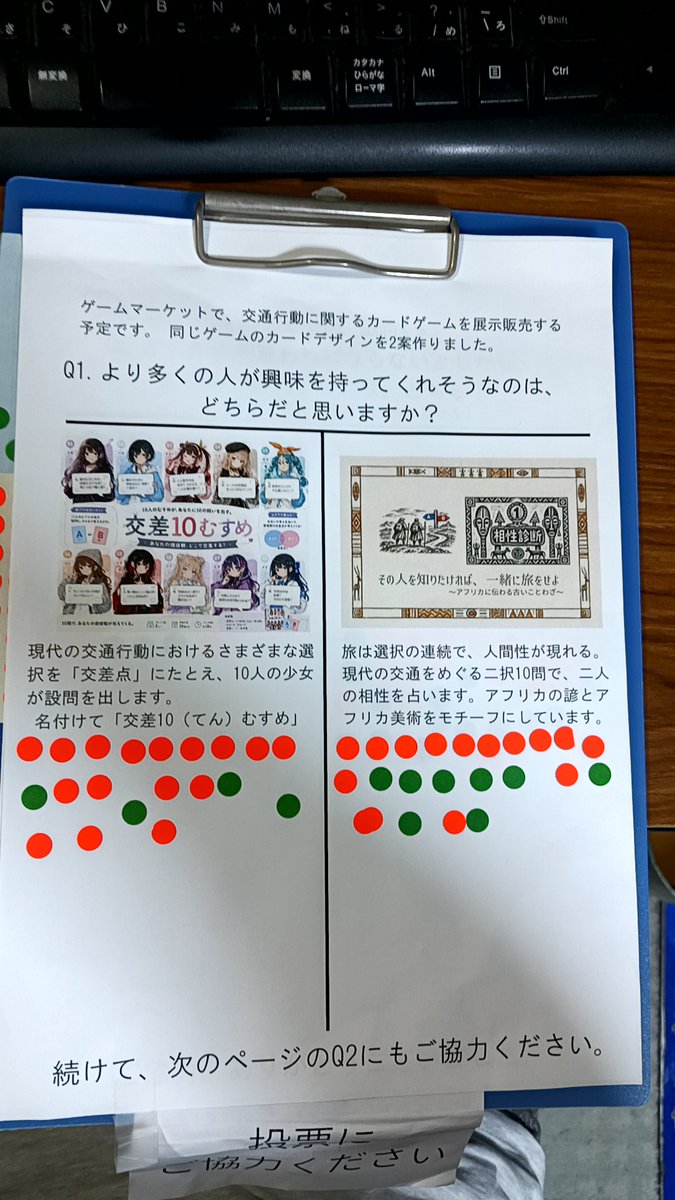 tmogamelab's tweet photo. JCOMMで、ゲームのデザイン案について投票してもらいました。
「より多くの人が興味を持ちそうなのは？」
交差10むすめ　20票
交通占い 相性診断　22票
ほぼ互角でした。
うちの奥さんは、交差10娘に決まってんじゃん！と断言してましたので意外な結果です https://t.co/CIb7Ax8EWG