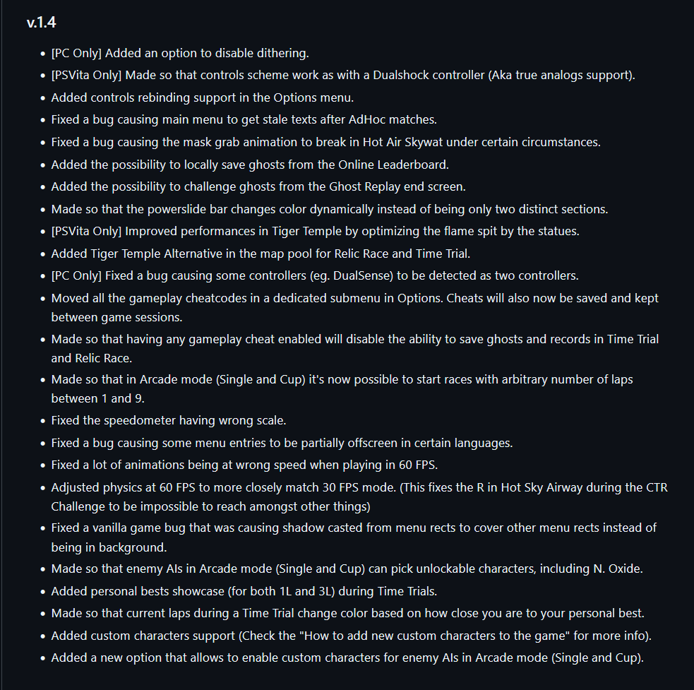 Rinnegatamante's tweet photo. Crash Team Racing: High Octane v.1.4 available for download! Remappable controls, tons of bugfixes, optimization, several QoL features, a brand new map for the Online Leaderboard and last but not least...custom characters support! Full changelog attached. https://t.co/jMeNNRLye8 https://t.co/0o2uGXkABz