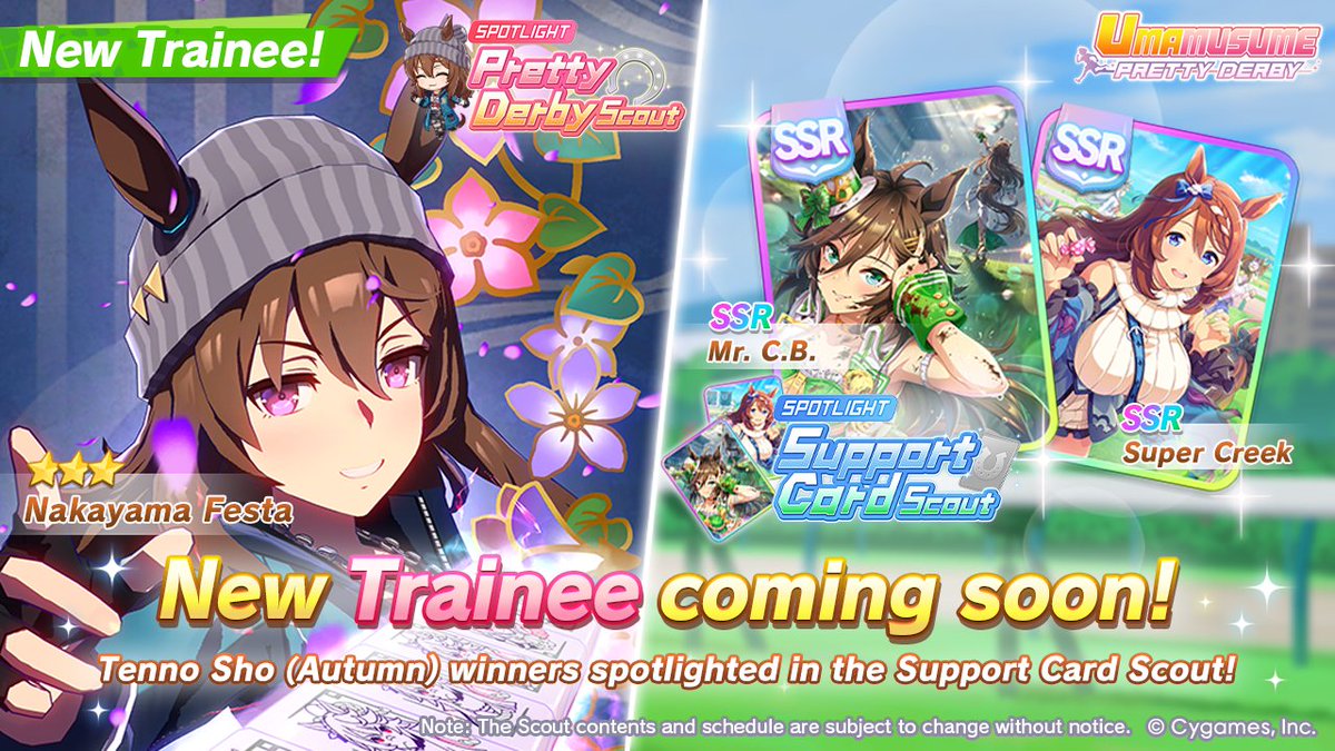 umamusume_eng's tweet photo. 📢 New characters are on their way to debut on Sep 15 (UTC):

🥕 3★ Nakayama Festa will appear in the Pretty Derby Scout!
🤝 Tenno Sho (Autumn) winners SSR Mr. C.B. and SSR Super Creek will appear in the Support Card Scout!

#Umamusume https://t.co/jmqKTvlok9
