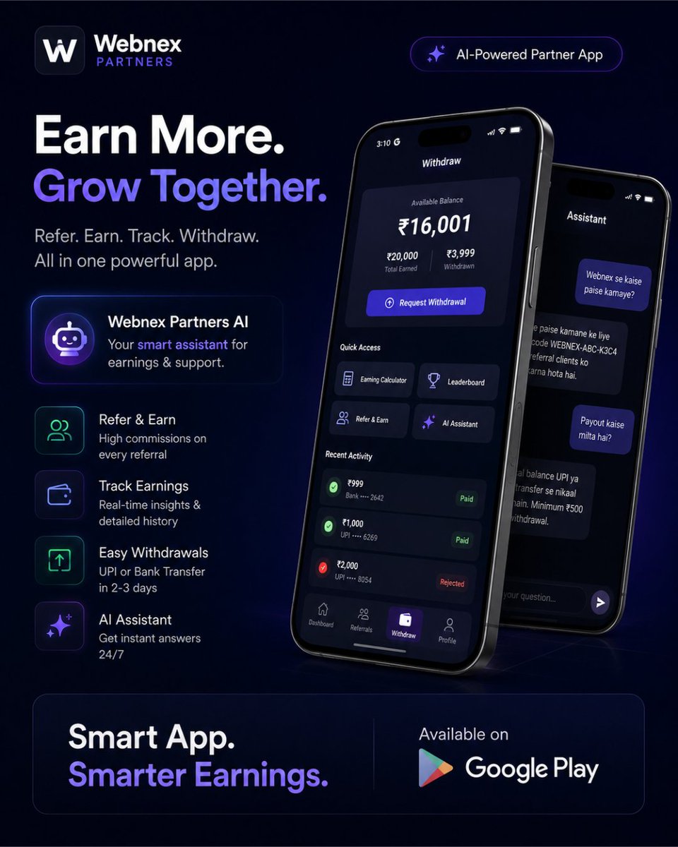 webnex1000's tweet photo. Webnex Partner is now on Google Play.
Referrals. Earnings. Webnex β all in one place.
Now available on Google Play. π
#Webnex #WebnexPartner https://t.co/bs8KSTWMdi