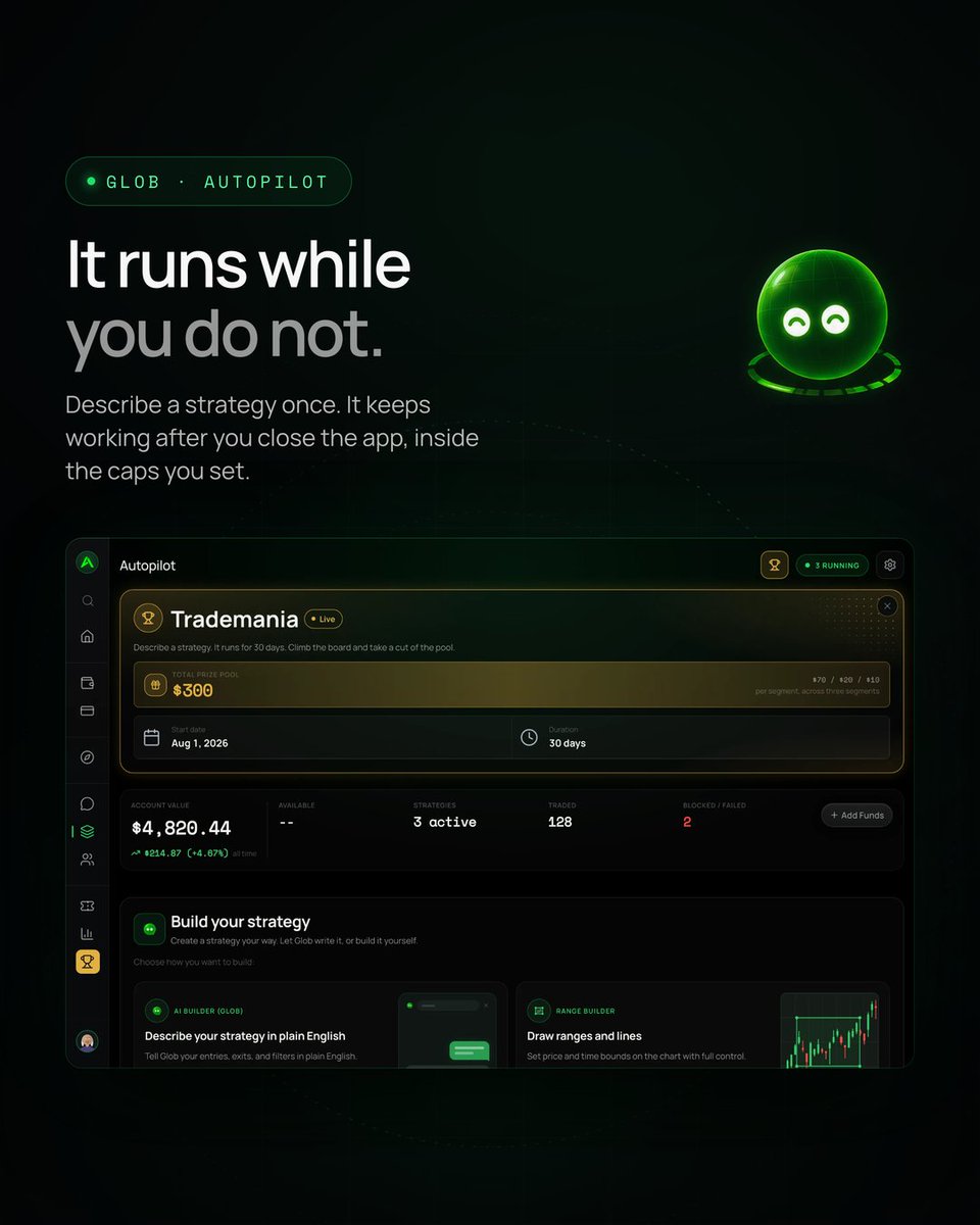 AtlasBid's tweet photo. Autopilot runs while you sleep.

Automate all your trading with confidence through Glob. https://t.co/XkISS0R6mF