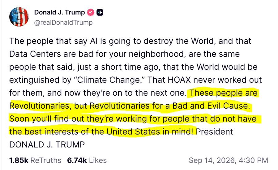 BiggerTruth's tweet photo. This might be my favorite Trump post ever. 

"These people are Revolutionaries, but Revolutionaries for a Bad and Evil Cause. Soon you'll find out they're working for people that do not have the best interests of the United States in mind!"

Could he possibly be talking about these people?