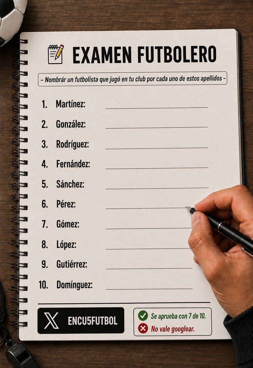 Encu5Futbol's tweet photo. 📝 EXAMEN FUTBOLERO

-Nombrar un futbolista que jugó en tu club por cada uno de estos apellidos: 

-Martínez: 
-González: 
-Rodríguez: 
-Fernández: 
-Sánchez: 
-Pérez: 
-Gómez: 
-López: 
-Gutiérrez: 
-Domínguez: 

✅ Si conseguís 7 de 10, aprobás. https://t.co/op30OmPe9E