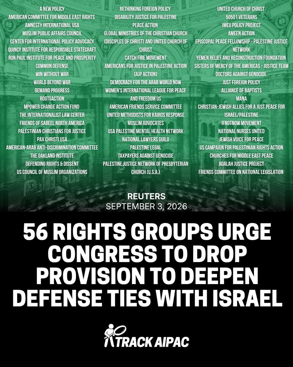 TrackAIPAC's tweet photo. The provision of the 2027 National Defense Authorization Act, known as Section 219, seeks to set up frameworks for joint ventures, licensing agreements and U.S.-based co-production partnerships with the Israeli industry.

In a letter addressed to leaders of the House and Senate Armed Services Committees, 56 groups said deeper integration with Israel's defense sector would be "exceptionally dangerous" and urged lawmakers to remove the provision.