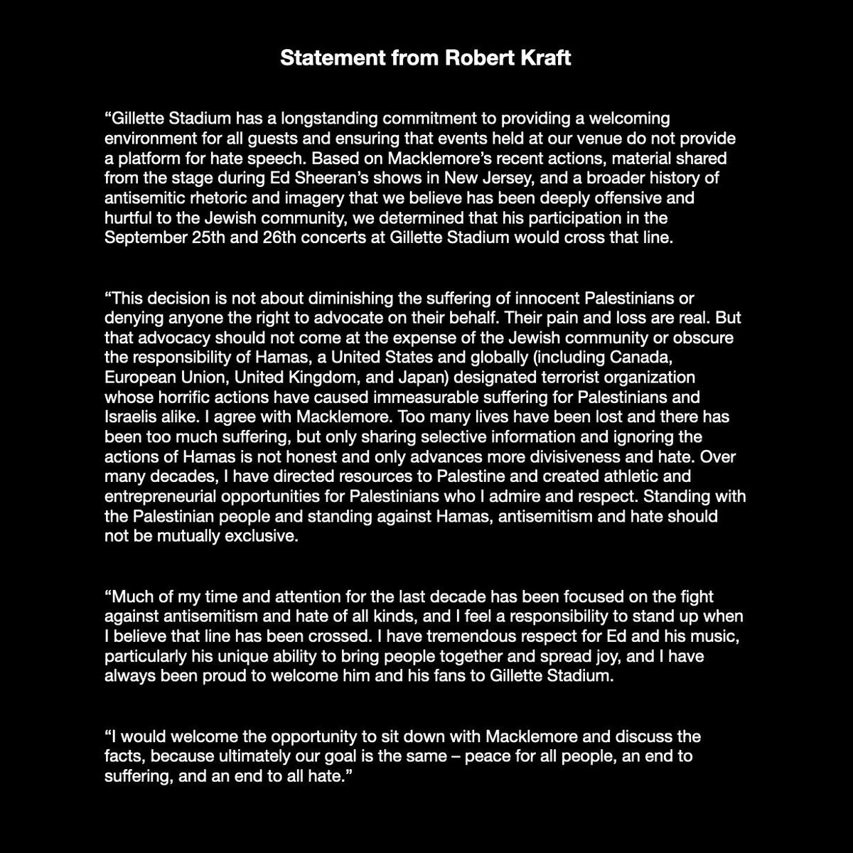 New England Patriots owner Robert Kraft released a statement this afternoon after antisemitic rapper @macklemore was dropped from the rest of Ed Sheeran’s tour, including two da…