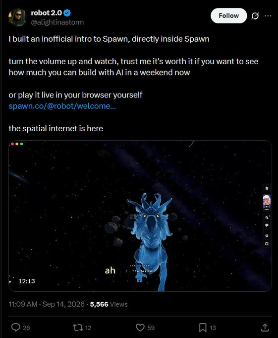 SmolTrenchor's tweet photo. Tina Storm just built "Spawn" an AI agent into the PLAYABLE Spawn backrooms.

And you can actually play these.

You can enter them here: https://t.co/zzDL1FoWH7
He also linked his Github on his profile so I am sending him 100% of the creator fees: 
https://t.co/nAeYlUIUo5
https://t.co/yYqQb4B5D9