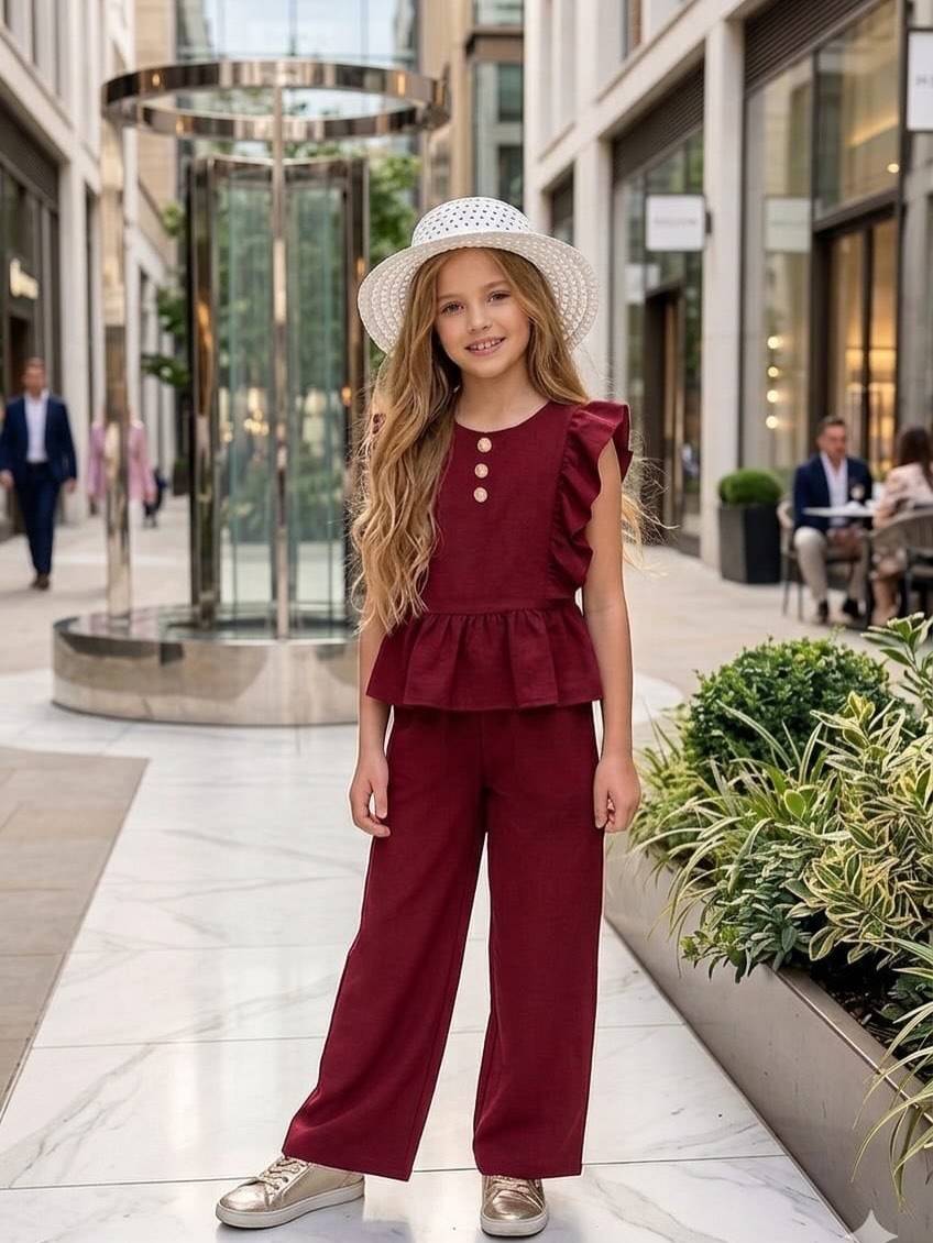 ZEstorado's tweet photo. Elegant dusty-rose set for little ladies: a ruffle peplum top with wide-leg pants. Effortless style in sizes 3–10 years. DM or WhatsApp 78 868 280. https://t.co/w4xE9JAktN