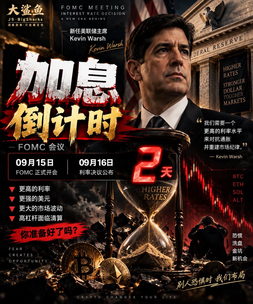 JsBigsharks's tweet photo. ⚠️ 加息倒计时：最后2天.

9月15—16日，FOMC正式开会.
9月16日，利率决议落地.

现在市场真正进入倒计时.

最危险的阶段，往往不是结果公布以后.
而是结果落地之前.

资金开始降风险.
杠杆开始拥挤.
多空开始互相踩踏.

如果市场要挖一个坑，我认为这两天就是最容易动手的窗口.

BTC、ETH一旦向下扫流动性：

下跌 → 爆仓 → 被动卖出 → 再下跌 → 再爆仓.

到时候你看到的可能不是普通回调.
而是一根把市场情绪直接砸进冰点的大阴线.

所以我已经开始准备现金.

现货不乱动.
合约降杠杆.
不提前接飞刀.

9月16日.

倒计时已经开始.

我要等的不是小跌.

我要等那个所有人都开始害怕的——金坑.