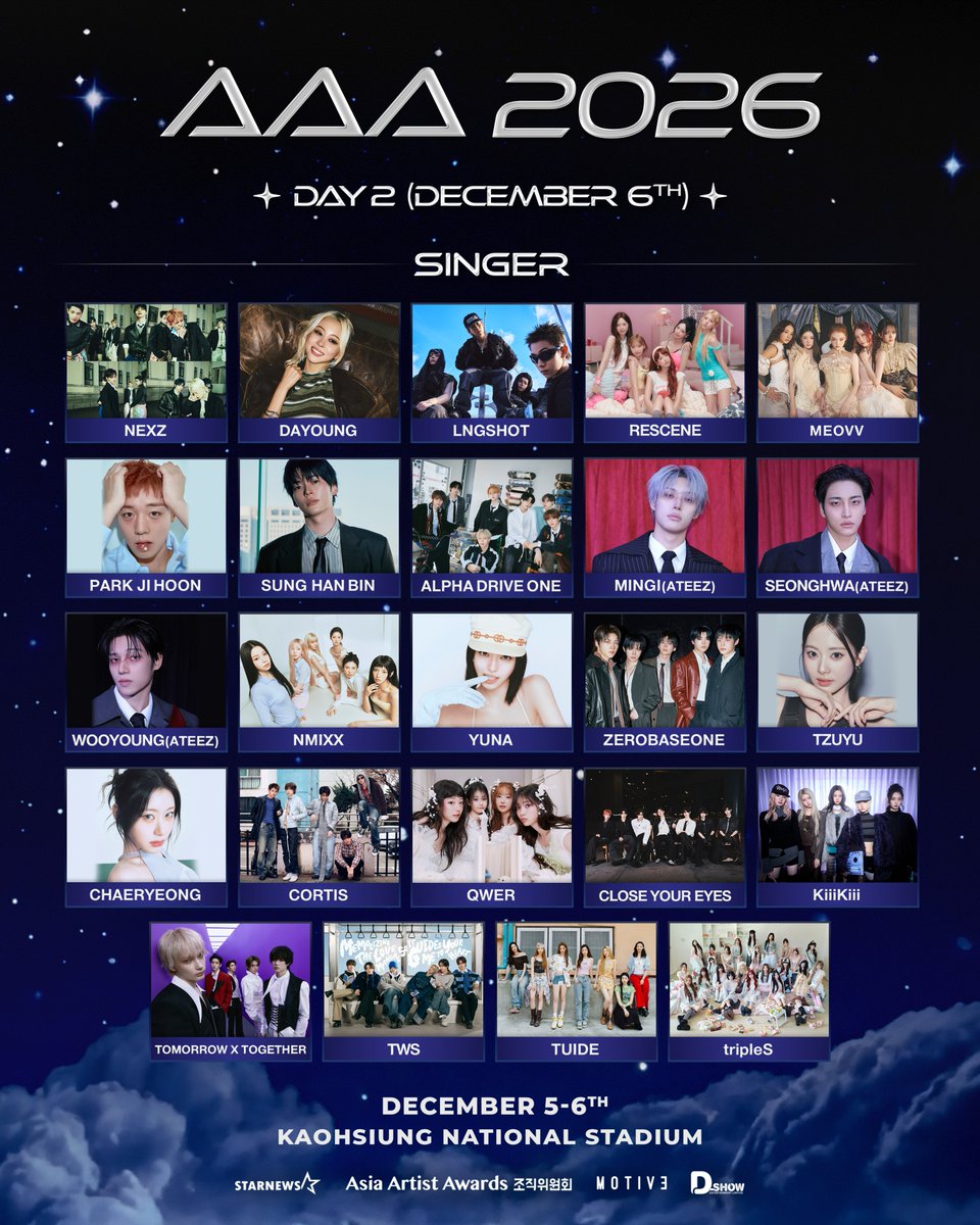 starnewskorea's tweet photo. [AAA 2026 OFFICIAL ANNOUNCEMENT]

AAA 2026 DAY 1 & DAY 2 최종 라인업을 공식 발표합니다! 글로벌 팬들의 심장을 뛰게 할 초호화 아티스트들과 역대급 무대가 여러분을 찾아 갑니다! 

🏆2026 Asia Artist Awards in Kaohsiung
🎈2026.12.05 (SAT) - 06 (SUN)
🎈Kaohsiung National Stadium

#AAA2026