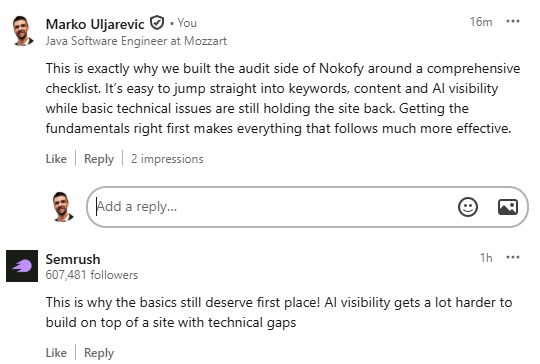 Devizzoapp's tweet photo. Current competition:

Semrush: 607K followers
Nokofy: 0K followers on ln :)
Me: commenting right next to them 😂
Seems fair.
#BuildInPublic #SEO #SaaS #underdog https://t.co/YhGuQJi9vx