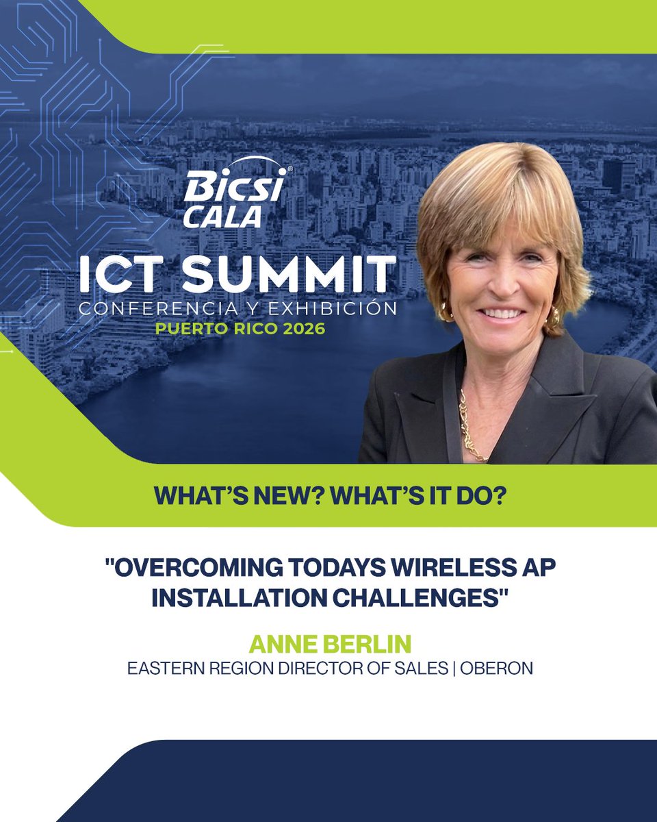 BICSI_CALA's tweet photo. Anne Berlin de Oberon (CPI) nos guiará en la conferencia "Overcoming Todays Wireless AP Installation Challenges" sobre cómo superar barreras físicas y técnicas para lograr una cobertura inalámbrica óptima📶🏢

📅28 /10 | San Juan Marriott
🌐https://t.co/i2rELxNe2f

#BICSICALA https://t.co/7dvTGCLPNI