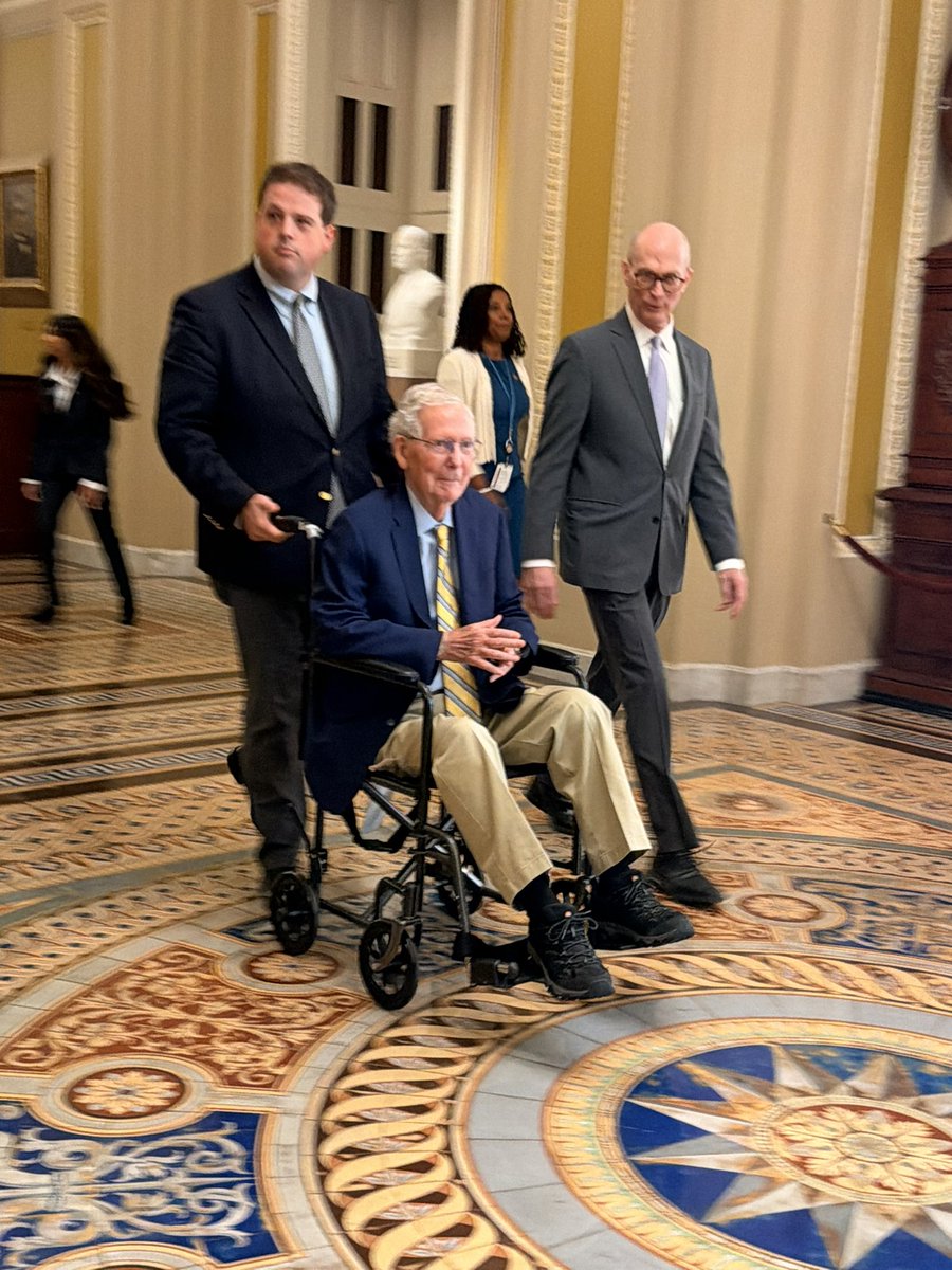 mkraju's tweet photo. Mitch McConnell, appearing frailer and his voice slower, tells reporters: “I must admit, after two years, two decades, actually dodging your questions, I wasn't sure how many of you would be here today, but I'm glad to see you.”

"Time to get back to work, finish the job for this Congress. I'm here to work on the farm bill... As I think you know, I have an ongoing issue in NATO and backing up our good friends who are totally in the fight against the Russians.”

He didn’t answer any questions.
