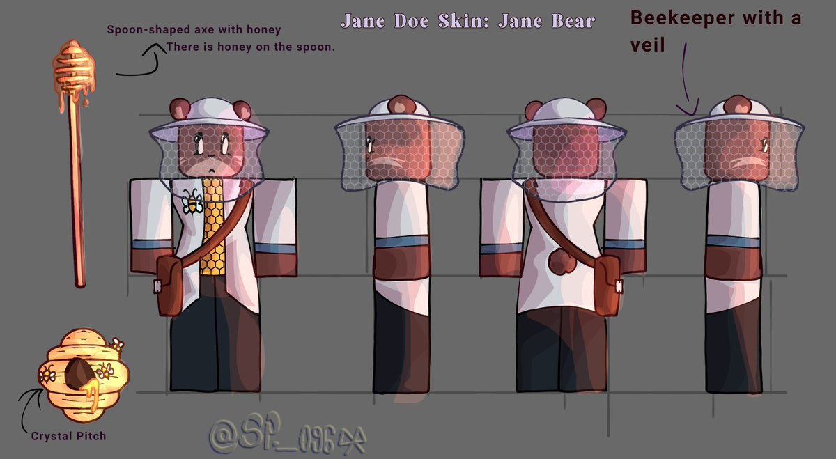Sp_009600's tweet photo. HOLAA :D
Aquí mis conceptos de piel para Jane doe ,Jane Bear 🐻🍯,Hacha:cuchara de madera para la miel. Su cristal:colmena aunque la idea original era un jarrón de miel 🍯🐝 Su bello sobré cambia por uno de apicultora con velo 
#ForsakenTombstone #forsaken https://t.co/Fw5v8NUksZ