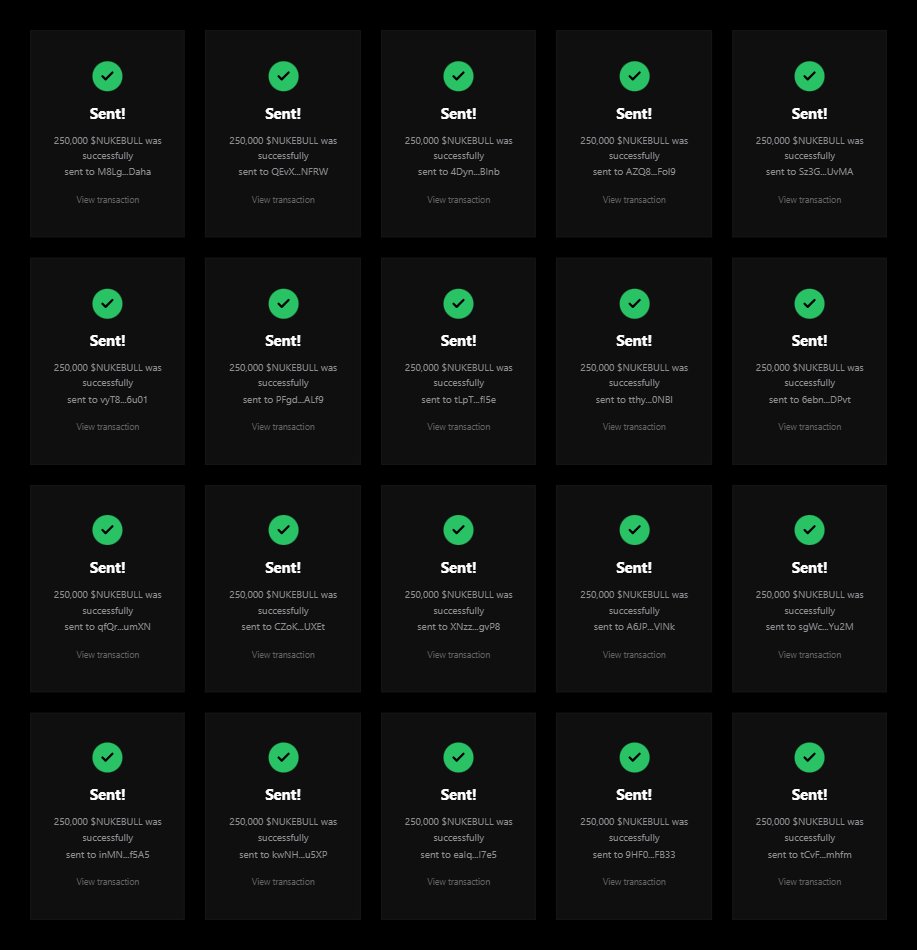 TheNukeBull's tweet photo. Each wallet will receive 250,000 $NUKEBULL🪂

Leave your $SOL address and repost ♻️

Like and repost the pinned tweet 📌

First 500 wallets ⬇️ #SolanaAirdrop https://t.co/6lKPIHTvRg