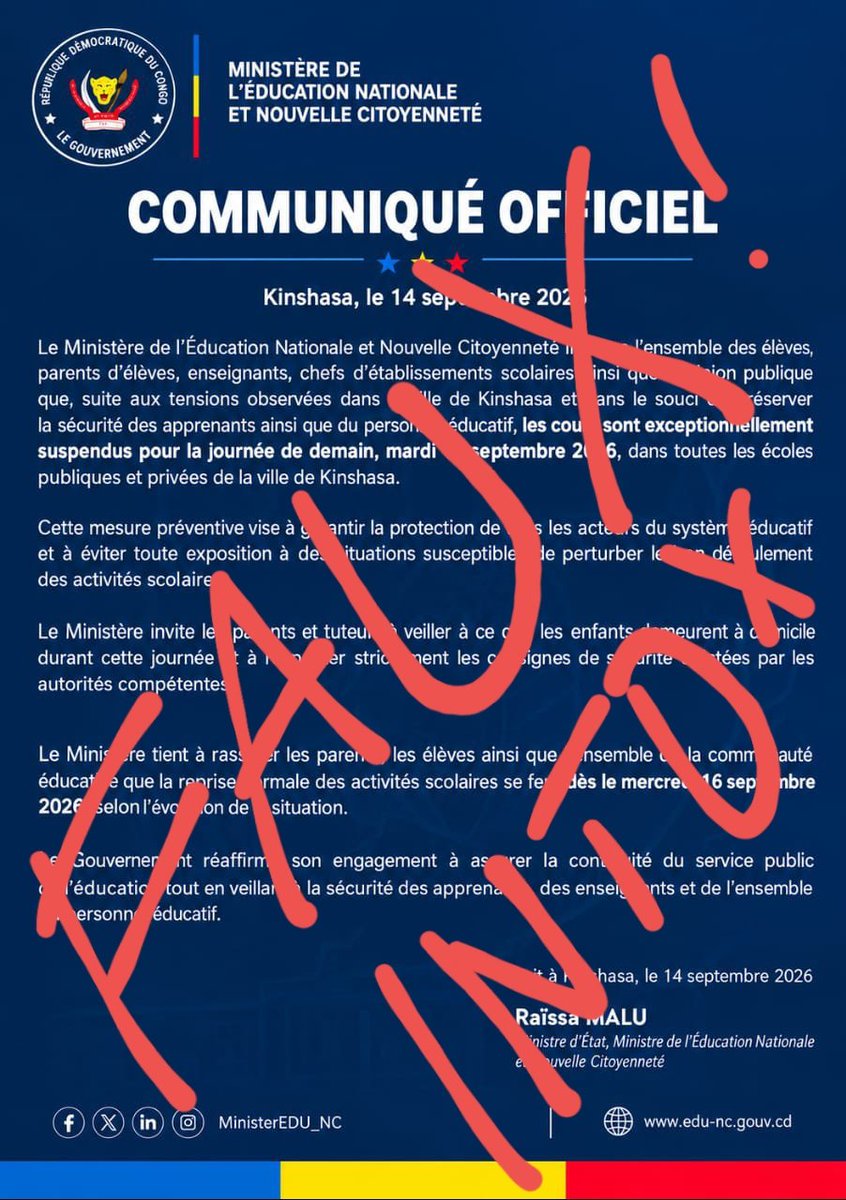 YMukolu's tweet photo. Un faux message est diffusé, il faut le démentir. 
@MinisterEDU_NC https://t.co/nGlFy2a74K
