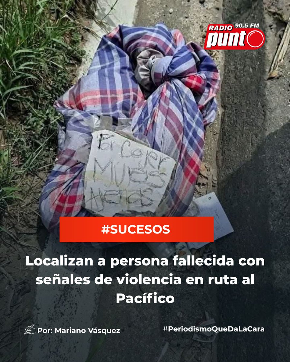 RadioPuntoGT's tweet photo. #SUCESOS 🚨 | Una persona fue localizada fallecida, con señales de violencia y envuelta en sábanas, a un costado de la carretera en el kilómetro 25.5 de la ruta al Pacífico.

Bomberos Voluntarios acudieron al lugar y notificaron a las autoridades correspondientes, mientras agentes de la Policía Nacional Civil resguardan el área. Sobre las sábanas fue localizado un mensaje manuscrito. 

Vía: Mariano Vásquez 

Para más información y cobertura de noticias, síganos en nuestras redes.
#PeriodismoQueDaLaCara