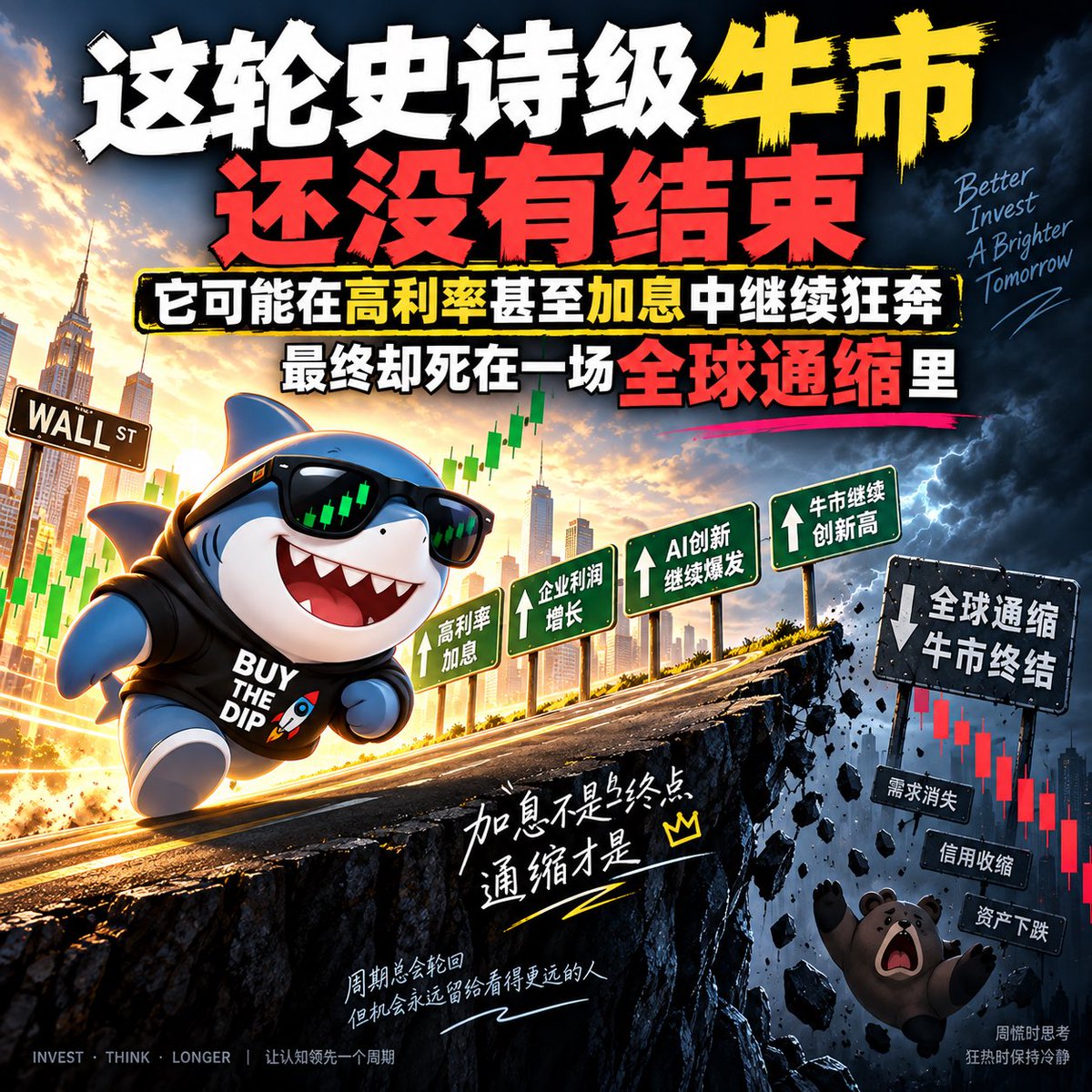 JsBigsharks's tweet photo. 这轮牛市我依然认为没有结束.

甚至接下来可能出现一个很多人理解不了的行情.

一边加息. 一边创新高.

因为真正结束牛市的从来不是“加息”两个字.

而是高利率最终有没有杀死需求. 信用和企业利润.

现在还没有.

AI资本开支还在扩张.
企业利润还撑得住.
财政还在持续输血.
信用体系也没有真正断裂.

所以哪怕高利率继续维持. 甚至再次加息.

牛市依然可以继续走.

历史上真正疯狂的行情. 往往就发生在所有人都认为利率已经高到市场不可能继续上涨的时候.

而高利率真正的杀伤是滞后的.

企业旧债要等到再融资.
居民储蓄要慢慢消耗.
信用卡和汽车贷款要慢慢恶化.
企业先减少招聘. 最后才会裁员.

所以我反而认为.

这轮牛市最后最疯狂的一段. 可能还没走完.

真正需要警惕的是后面.

现在油价还有地缘溢价支撑.

但美国原油产量已经处于历史高位. 委内瑞拉正在恢复产能. OPEC+还有大量潜在供应.

一旦地缘冲突缓和.

能源价格可能从今天的通胀发动机. 变成未来的通缩发动机.

然后是中国制造.

汽车. 电池. 光伏. 机器人. 消费电子.

全球制造能力越来越强. 成本越来越低. 企业为了抢需求只能继续卷价格.

最后还有一个更大的变量.

AI.

现在AI是通胀的.

抢GPU.
建数据中心.
抢电力.
疯狂资本开支.

但这只是第一阶段.

等AI真正进入应用阶段. 它就是一台巨大的通缩机器.

以前10个人完成的工作. 以后可能3个人完成.

软件. 客服. 翻译. 设计. 金融. 法律. 广告. 教育.

大量服务的边际成本都会继续下降.

所以未来真正可能发生的是.

能源成本下降 + 制造业产能释放 + AI生产率爆发 + 高利率滞后杀伤同时出现.

这时候通胀会开始快速退潮.

市场最初一定会狂欢.

油价跌了.
CPI下来了.
美债收益率下来了.
美联储终于可以降息了.

风险资产甚至可能因此完成牛市最后一次冲顶.

但这里恰恰是我最警惕的位置.

因为真正的问题不是通胀有没有下降.

而是.

为什么下降？

如果只是生产率提高. 能源便宜. 供应增加.

这是好事.

牛市还能继续.

但如果后面开始出现.

消费下降.
就业恶化.
企业利润下降.
库存增加.
破产增加.
银行收紧信用.
房地产下跌.

性质就彻底变了.

这已经不是通胀下降.

而是需求开始消失.

市场会突然从.

“美联储降息. 牛市继续.”

变成.

“为什么美联储需要这么快降息？”

到了这里.

真正的熊市才可能开始.

所以我现在对整个周期的推演非常简单.

通胀维持 → 高利率甚至继续加息 → 牛市继续 → 最后一轮逼空 → 通胀见顶 → 油价和成本下降 → 市场交易降息 → 牛市最后冲顶 → 经济失速 → 信用收缩 → 通缩 → 牛市结束.

然后才是大级别去杠杆.

股票跌.
币跌.
商品跌.
高估值资产重新定价.
资金回到现金和高质量债券.

等通缩真正威胁到债务体系.

美联储才会被迫重新打开流动性.

降息.
信用支持.
扩表.
甚至新一轮QE.

那才是下一个周期真正的大机会.

所以现在我不会因为加息预期就提前离开牛市.

加息不一定杀得死牛市.

真正让我准备离场的信号反而可能是.

美联储开始快速降息.
油价开始持续下跌.
通胀快速回落.
就业开始恶化.
信用开始收缩.

而最重要的一条.

利好越来越多. 市场却涨不动了.

那个时候我才会真正警惕.

因为这轮史诗级牛市.

可能在加息中继续狂奔.

在降息预期中完成最后的疯狂.

最终死在通缩里.

#美股 #牛市 #通缩 #加息 #降息 #美联储 #AI #人工智能 #纳斯达克 #Bitcoin #BTC #Crypto