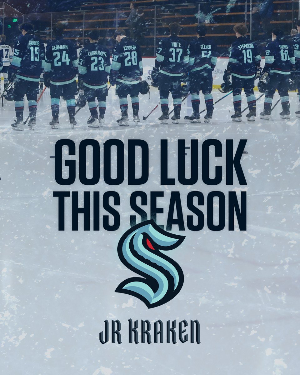 Photo a Jr Kraken AAA team, lined up across an indoor ice rink. An ice texture overlays the image with a blue hue. Text reads: "Good luck this season" with a large Jr Kraken logo is featured in the middle of the image.