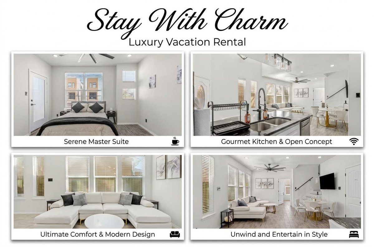 StaywithCharm's tweet photo. Modern comfort in the heart of Houston. ✨🏡
Tour our Dennis St. townhome:
 Serene en-suite bedrooms (sleeps 10)
 Bright open-concept living &amp; dining
 Fully equipped gourmet kitchen
 Attached garage &amp; private balcony
Book direct and save: https://t.co/y7LbCrQtEM
#StayWithCharm https://t.co/00LcbHkbwA
