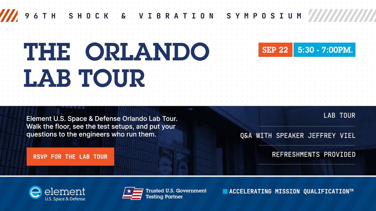 elementdefense's tweet photo. Attending the 96th Shock &amp; Vibration Symposium? Join us for an exclusive tour of our Orlando facility on September 22. Meet our experts, view live shock testing demos and join a live Q&amp;A with Speaker Jeffrey Viel. Reserve your spot now: https://t.co/SkD0ahZ6sS #ShockAndVibration https://t.co/EFa11p1R1W