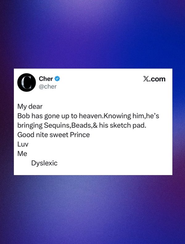 PopBase's tweet photo. Cher pays tribute to her friend and decades-long collaborator, Bob Mackie:

“My dear Bob has gone up to heaven.Knowing him,he’s bringing Sequins,Beads,&amp; his sketch pad.
Good nite sweet Prince
Luv 
Me
         Dyslexic” https://t.co/C3Zzyg8wWD
