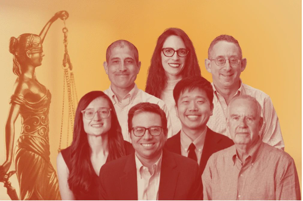 A red-tinted collage of seven people arranged beside a statue of Lady Justice holding scales, set against a bright orange background.