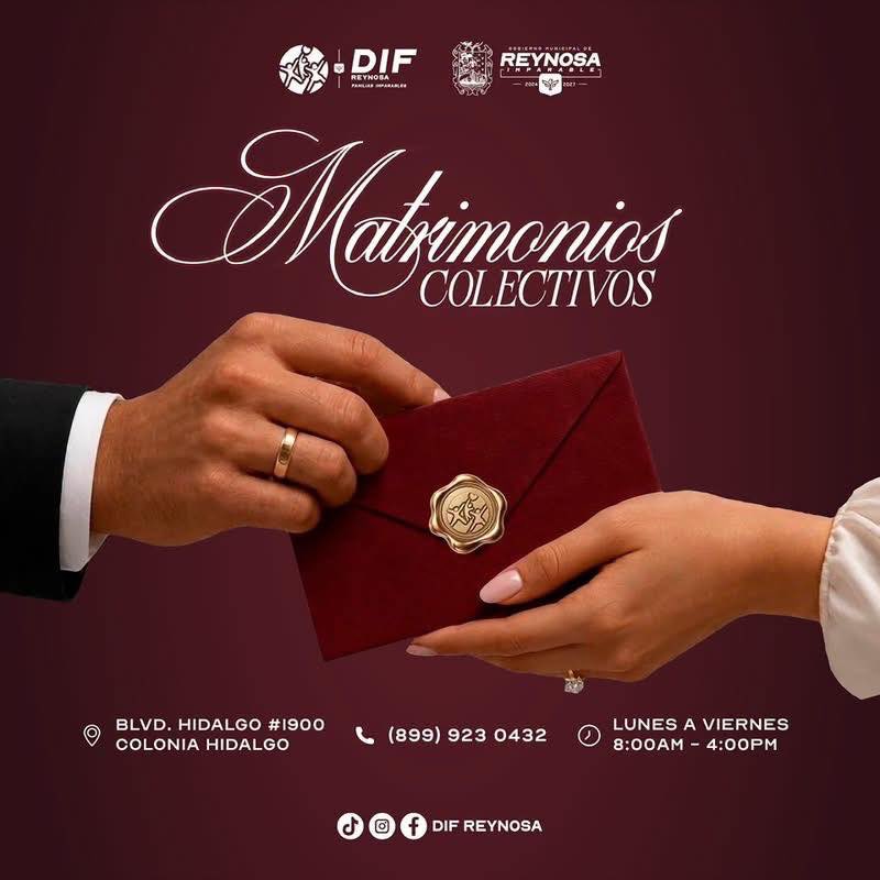 ReynosaGobierno's tweet photo. El alcalde @carlospenaortiz invita a las parejas reynosenses a participar en la Campaña de Matrimonios Colectivos 2026. 💍

🗓️ Inscripciones abiertas del 14 al 18 de septiembre.
🕗 8:00 a. m. a 4:00 p. m.
📍 Procuraduría @DIF_Reynosatm, Blvr. Hidalgo #1900, Col. Hidalgo. https://t.co/bZbPdHHIWc
