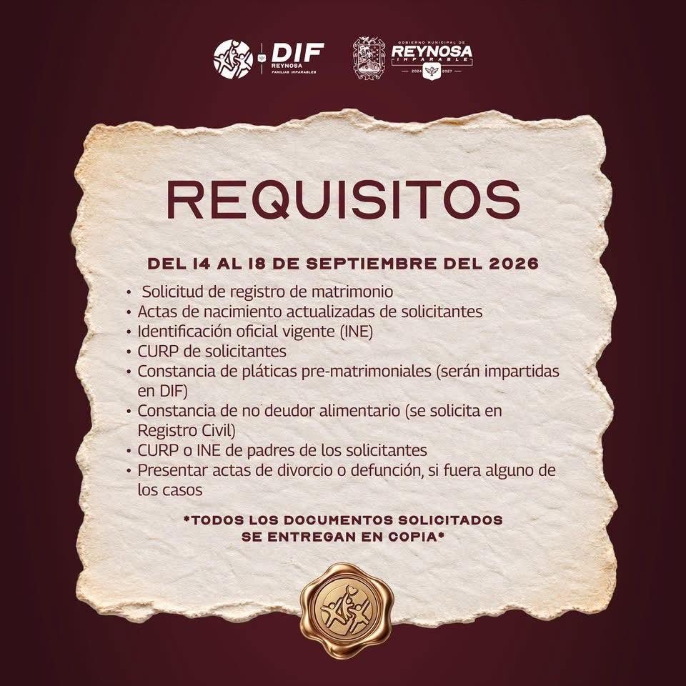 ReynosaGobierno's tweet photo. El alcalde @carlospenaortiz invita a las parejas reynosenses a participar en la Campaña de Matrimonios Colectivos 2026. 💍

🗓️ Inscripciones abiertas del 14 al 18 de septiembre.
🕗 8:00 a. m. a 4:00 p. m.
📍 Procuraduría @DIF_Reynosatm, Blvr. Hidalgo #1900, Col. Hidalgo. https://t.co/bZbPdHHIWc