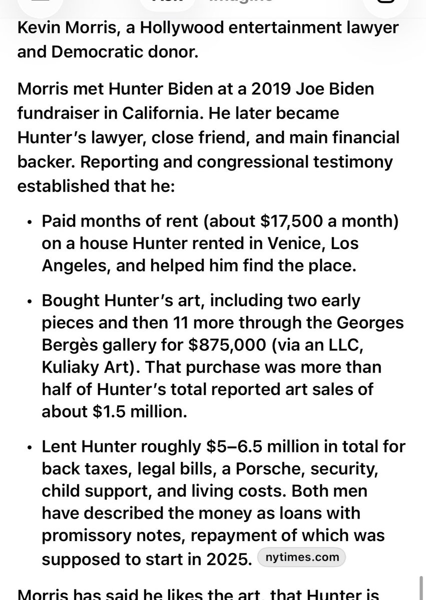 AGHamilton29's tweet photo. Hunter Biden acting like he’s above rich friends who want political favors from his family is incredible.

Just one big Dem donor paid his rent, bought half of Hunter’s “art” for 875K, and allegedly  “lent” Hunter between 5-7M dollars for other expenses (including child support). https://t.co/RKeB1JDET0