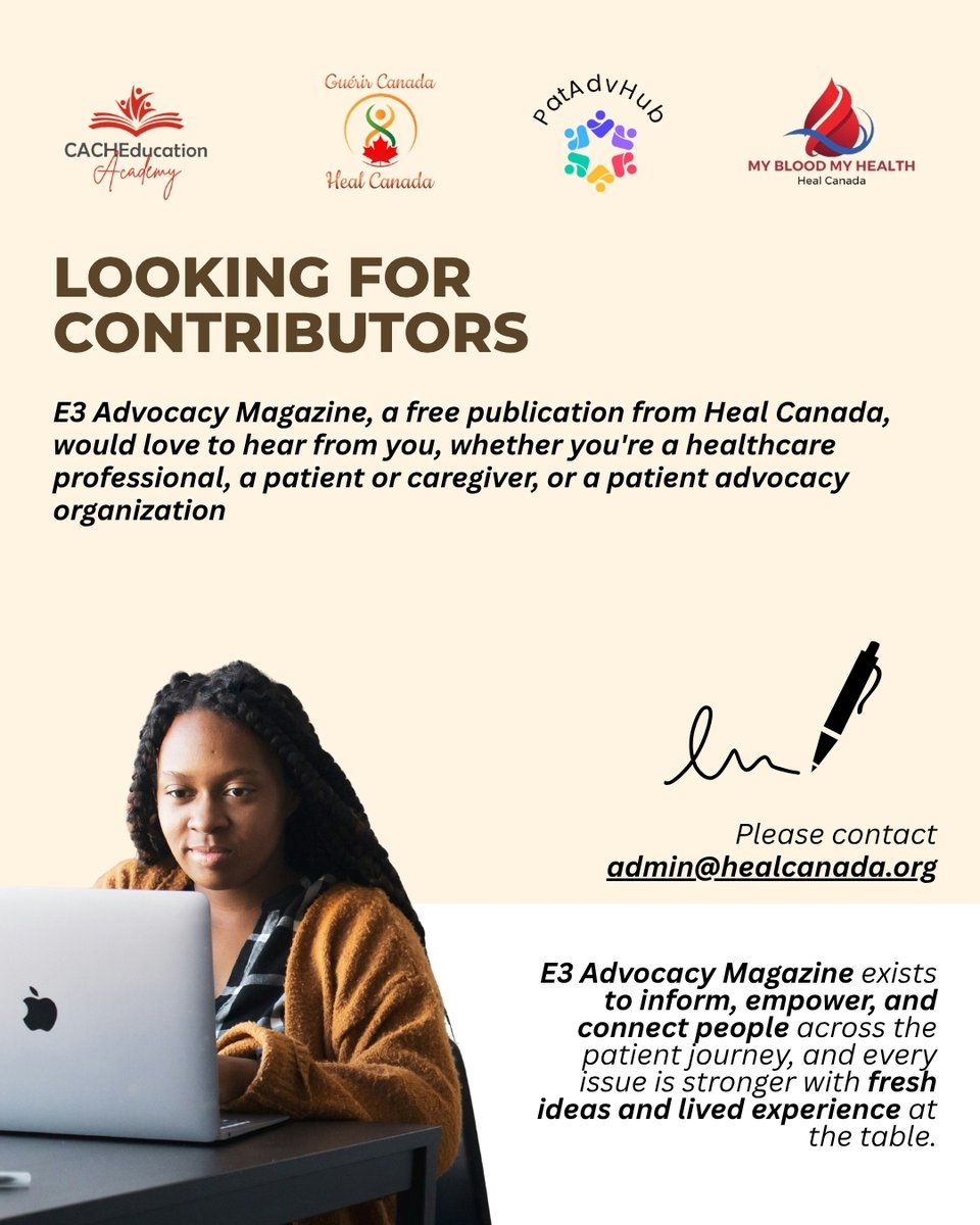 canada_heal's tweet photo. E3 Advocacy Magazine, a free publication from Heal Canada, is looking for contributors for our issues!
If you have an idea, a topic, or a story you'd like to contribute, we'd love to hear from you. Please reach out to admin@healcanada.org with your thoughts.
#PatientAdvocacy https://t.co/3cnVUuVyfe