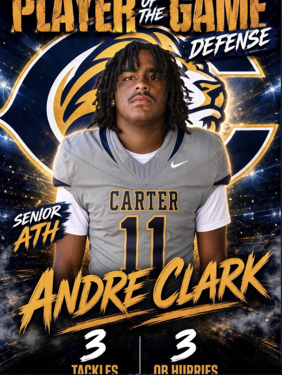 AndreClark11_'s tweet photo. Back-to-back weeks, back-to-back Player of the Game 🏆🔥 Grateful for the opportunity, but we’re not done yet. #CarterPride #27 #Defense #SeniorSZN #C/O27 https://t.co/lAzgYydY24
