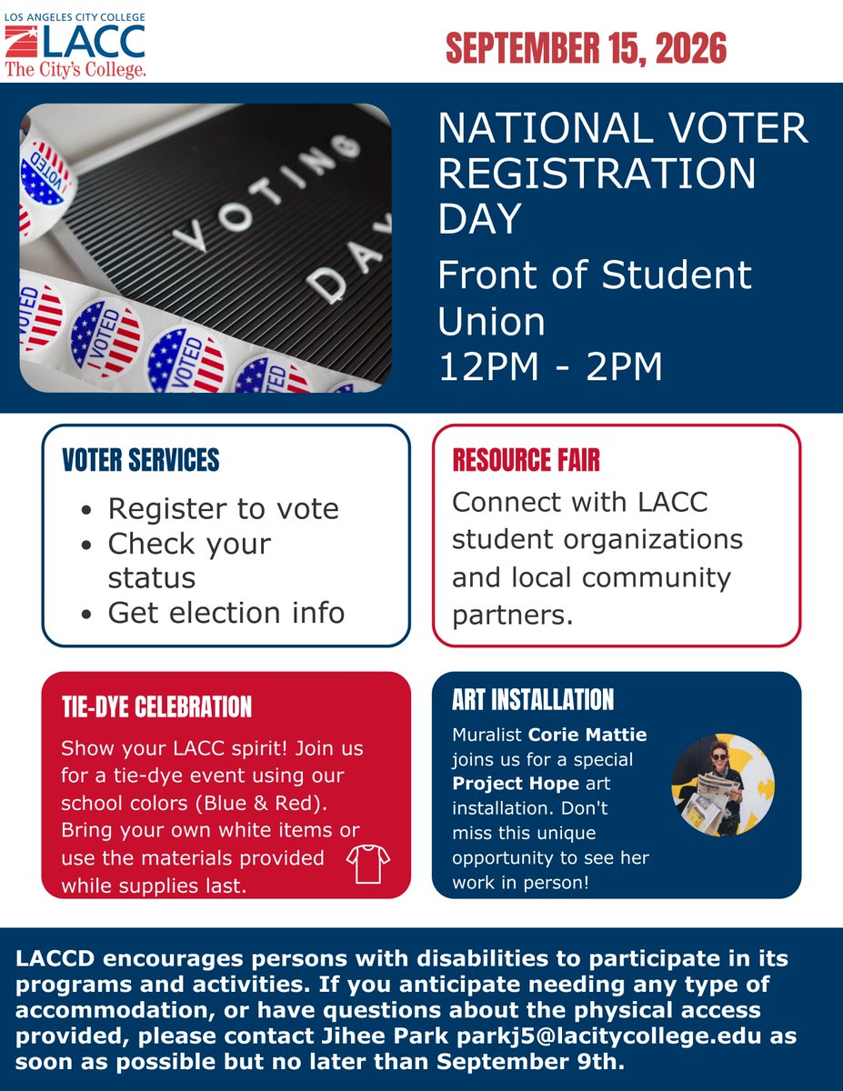 LACityCollege's tweet photo. Join us on Tuesday, September 15, from 12–
2 PM in front of the Student Union for an afternoon of
civic engagement, resources, and community. Check out the special Project Hope art installation with muralist Corie Mattie. Join our Blue &amp; Red Tie-Dye Celebration! https://t.co/AxPSMhQdhO