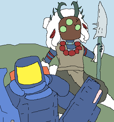 RoeRichard33476's tweet photo. Risk of rain 2 enforcer and acolyte 
(wait, so was enforcer missing in action because he was rizzing up a satyr girlfriend? Valid if true) https://t.co/A6R6Qcbs4h